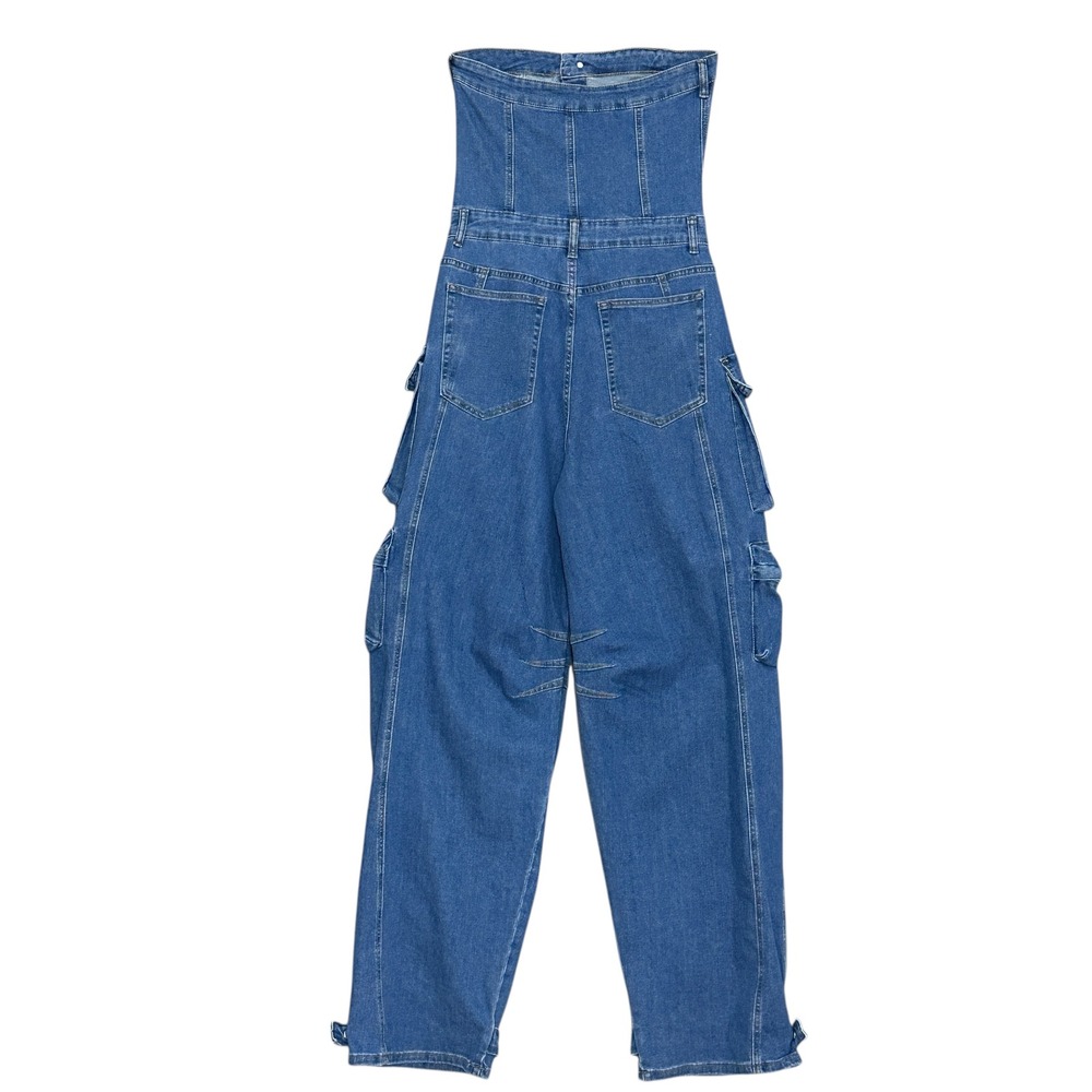 Hip Hop Womens Jumpsuit L Blue Denim Strapless‎ Cargo Pockets  Retro Streetwear - Picture 5 of 14